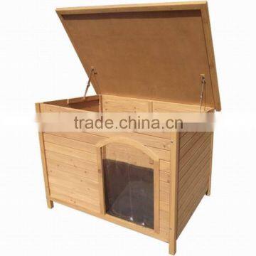 outdoor wooden dog house with opening roof