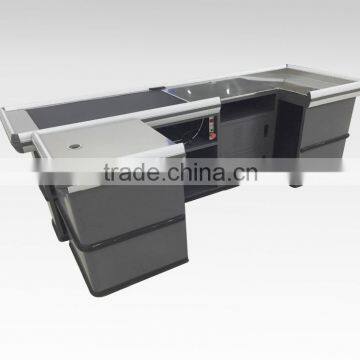 stainless steel checkout counter with conveyor belt