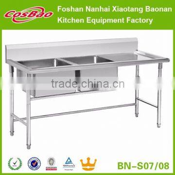 Stainless Steel Hand-made Restaurant Kitchen Double Sink Bench With Drain Board (SS201 Customized Size)