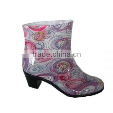 fashion print high heel PVC rain boots,waterproof working shoes women,good quality OEM plastic boots