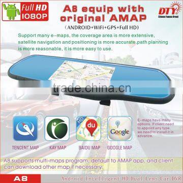 hd android 4.4 system Intelligent HD dual lens car recorder fhd 1080p car camera dvr video recorder, dvr in rearview mirror