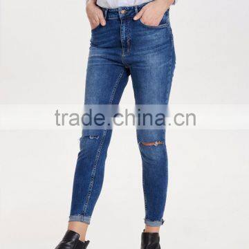 latest design girl coral high kneecut ankle skinny jeans blue wash high quality ripped jeans for women leisure pants