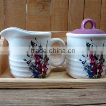 Ceramic Creamer and Sugar Bowl Set with Wooden Base