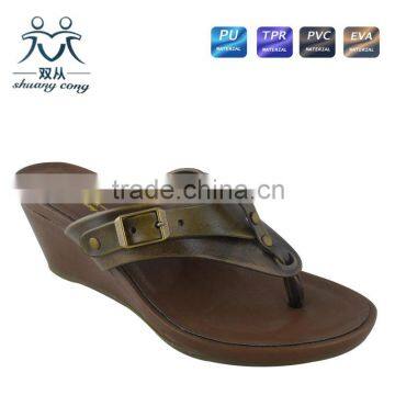Newest Ladies PU Flip Flop High Heel Wedge Slipper Shoes With Metal Belt Wholesale