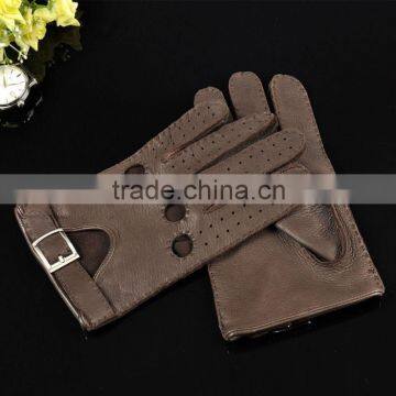 Top luxury buckle hand sewing breathable driving gloves dark brown deerskin leather gloves for men