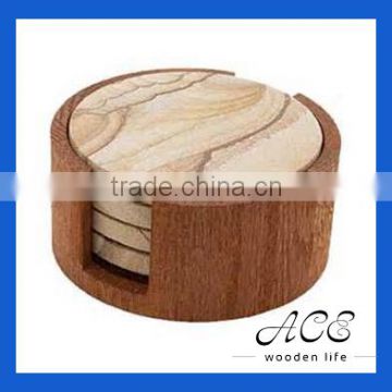 High Quality Wooden Round Coaster Set with Holder Wooden Travit Set