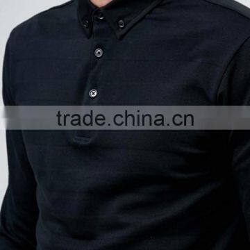 Cheap Custom Embroidery Logo Long Sleeve Button Placket Black Men's 100% Cotton Textured Jersey 200g Casual Slim Fit Polo Shirt photo-3