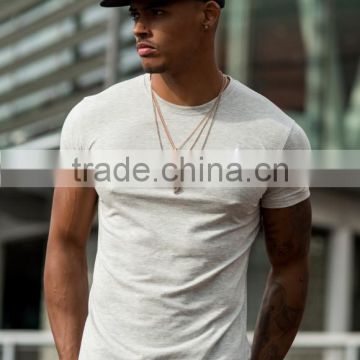 Grey Marl Plain 94% Cotton 6% Elastane Men's Gym Fitted T Shirt Blank Longline Curved Hem T-Shirt Long Drop Tee