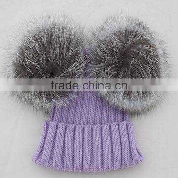 Myfur Female Warm Genuine Fur Bobble Beanie Real Fur Pom Pom Fox Knitted Beanie Hat Warm Winter Cap