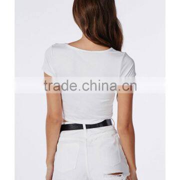 Plain Fashion Cap Sleeve Round Neck Knot Front Wihte Blouse photo-3