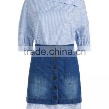 Ladies 100% Cotton Stripe Woven Combined New Jeans Dress/dress Sets photo-2