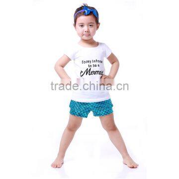 Kids Girl White summer Outfit with blue shorts mermaid outfit set