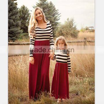 Fashion Family Matching Mother Daughter Red Stripe Long Sleeve Maxi Dresses