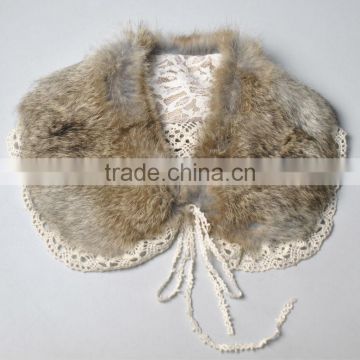 YR382 Cream Color Real Raised Rabbit Fur Collar with Lace