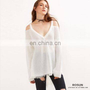 Newest Design White Cold Shoulder V Neck High Low Sweater