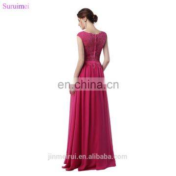 Rose Red Bridesmaid Dresses Lace Applique With Cap Sleeves High Neck Floor Length Chiffon Long Brides Maid Dress Vestidos De photo-5
