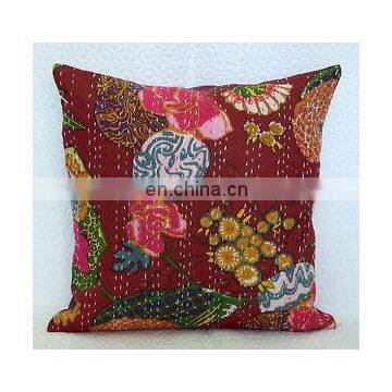 16* Embroidery Indian floral print kantha Handmade Kantha Cushion Pillow Cover Throw work Decorative Traditional Art Brown