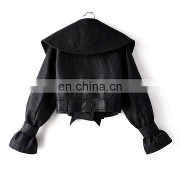 TWOTWINSTYLE Women's Jacket PU Leather Bow Long Sleeve Thick Short Females Coat 2020 photo-3