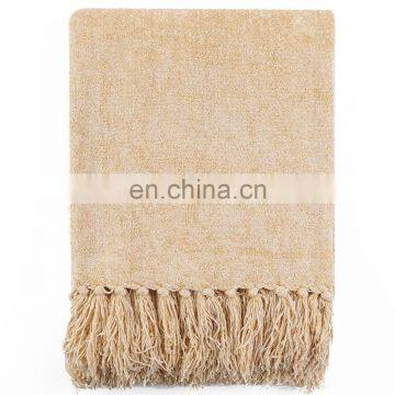 Light Yellow Acrylic High Quality Blanket Jacquard Knitted Blanket With Tassels