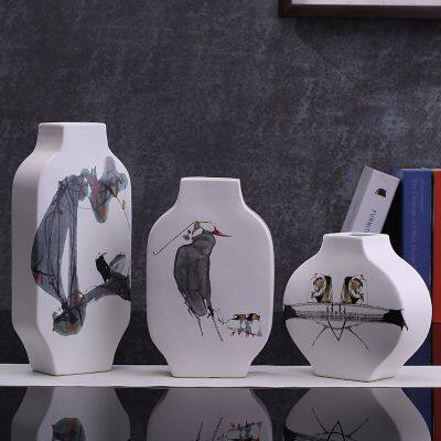 Flat White Chinese Painting Flower And Bird Jingdezhen Ceramic Vase For Home Simple Decor