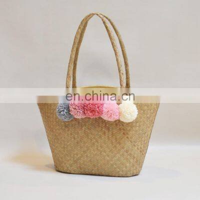 Seagrass Tote Bag With Pompom, Natural Beach Bag, Round Straw Summer basket Vietnam Supplier