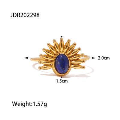 Gold Plated Stainless Steel Natural Stone Ring for Women Blue Irregular Gemstone Statement Ring Waterproof Hypoallergenic Jewelry photo-3
