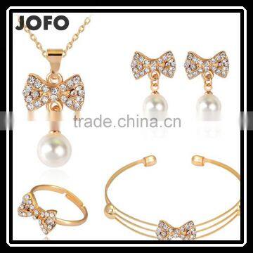 Fashion Popular Pearl Full Rhinestone Bowknot Crystal Earrings Necklace Bangle Ring Jewelry Sets Wholesale