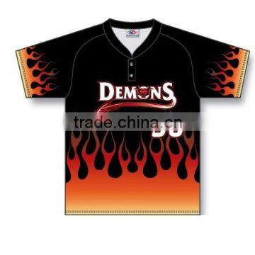 Custom Sublimated Short Sleeves Two Buttons Demons Baseball Jersey/T-Shirt made of Moisture Wicking Cool Polyester fabric