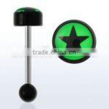 Steel barbell tongue bar with black-on-green star logo