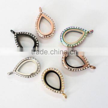 316L stainless steel water drop floating locket magnetic photo lockets pendant with rhinestones