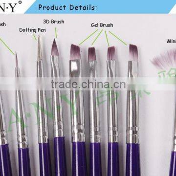 ANY Nail Art Beauty Care Nail Design Wood 7PCS Nail Brush Set Purple Handle