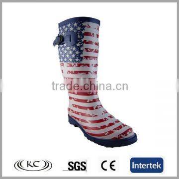 American flag printed over knee rain boots with buckle