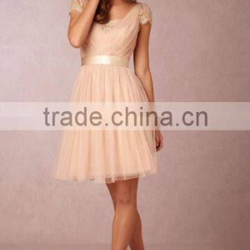 Cheap Knn-length Short Sleeves Lace Tulle Bridesmaid Dress B03