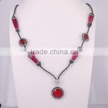 Pave Setting Crystal Red Malaysian Jade Gem stone Necklace, Hematite Beaded Druzy Necklace