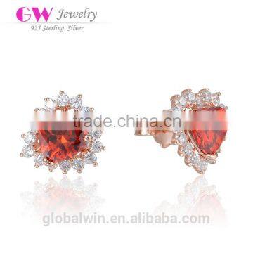 2016 New Design Red Cz Pave 925 Sterling Silver Heart Shaped Sted Earrings