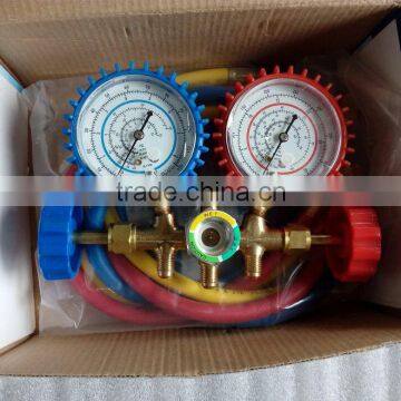 Brass Manifold Gauge Set with Charging Hose, Shock-Proof, Brass Valve Body