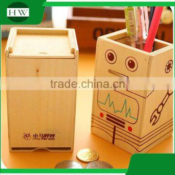 Multipurpose Wooden Cartoon Robot Piggy Bank Coin Penholder Storage Pen Container Case Box Holder photo-2