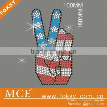 flag vitory sign hand hot fix rhinestone motifs for t shirt - FOKSY