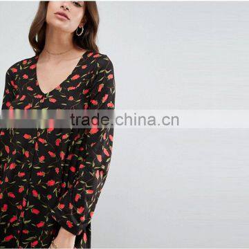 2017 Summer V Neck Long Sleeve Floral Printed Women Dresses Oem Dress HSd9021 photo-3