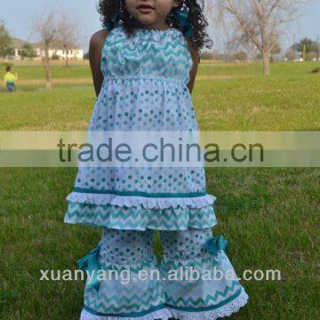 Boutique Outfit Teal and white polka dot/chevron Spring ruffle top and pants child clothes