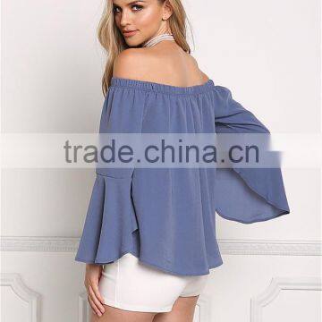 MGOO New Custom Designs Plain Blue Blouses Off Shoulder Long Sleeves Flare Opening Fashion Viscose Blouses