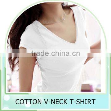 New Fashion Stretch Summer Women T Shirts Ms Solid Color Short Sleeve 100% Cotton v neck t shirt Women's Blank V-Veck T-Shirts