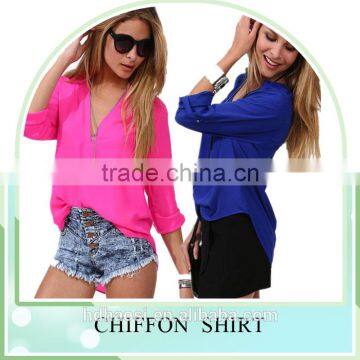 Customized New Fashion Cheap Long Sleeved Chiffon Blouse Women's Loose Casual Sexy Chiffon V-Neck Blouse Shirts photo-2
