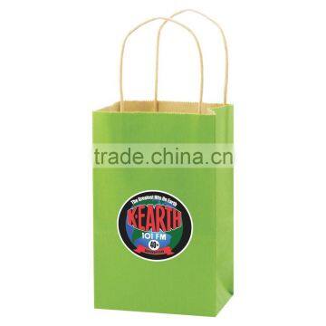 USA Made Solid Tinted Kraft Shopping Bag - made of kraft paper, dimensions are 5.25" x 3.25" x 8.5" and comes with your logo.