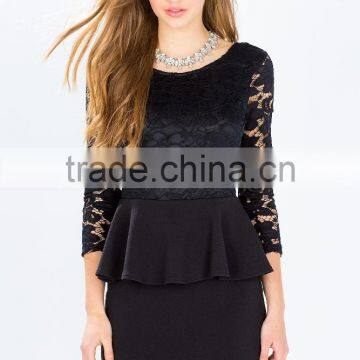 Three-quarter Sheer Sleeves V Back Peplum Lace Dress Design photo-2