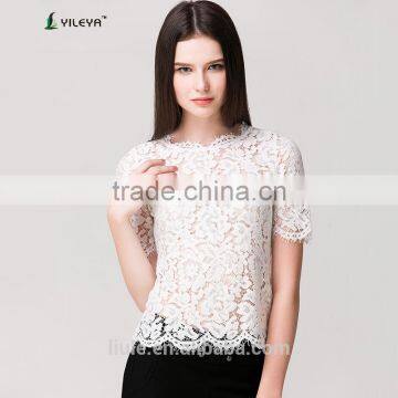 2016 Latest White Short Sleeve Fashion Crochet Lace Top for Ladies