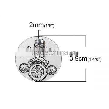 Zinc Based Alloy Steampunk Pendants Round Antique Silver Halloween Skull Gear Carved 39mm Dia photo-2