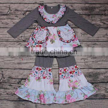 Yawoo hot sale instock gray patchwork outfits girls boutique clothing 2017 fall