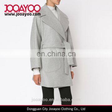 New Season Women Wear Light Grey Virgin Wool Blend Wide Lapels Double Breasted Coat photo-3