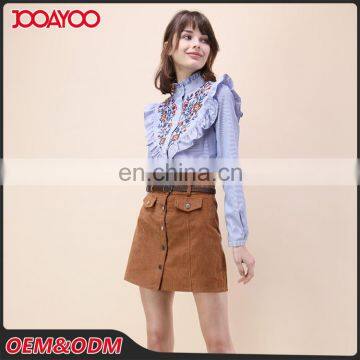 Ladies Chic Skirt Design Tan Corduroy Button Up A-line Mini Skirt with Faux Pocket